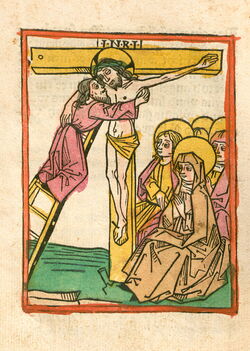 Passionstraktat, Kreuzabnahme, Holzschnitt, 1480